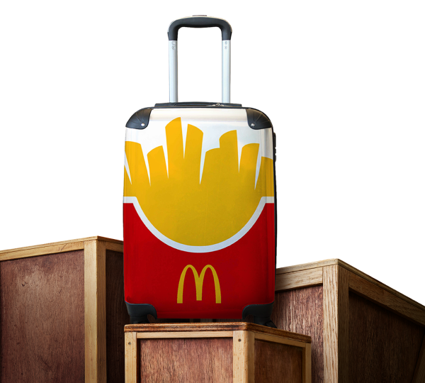 McDonald’s fries suitcase on wooden crates, available as a World Menu Mission prize